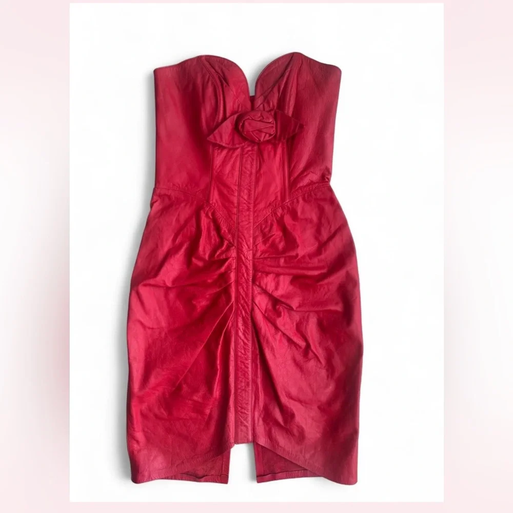 Karen Okada Vintage Red Leather Strapless Corset Midi Dress - XS - Picture 2 of 6